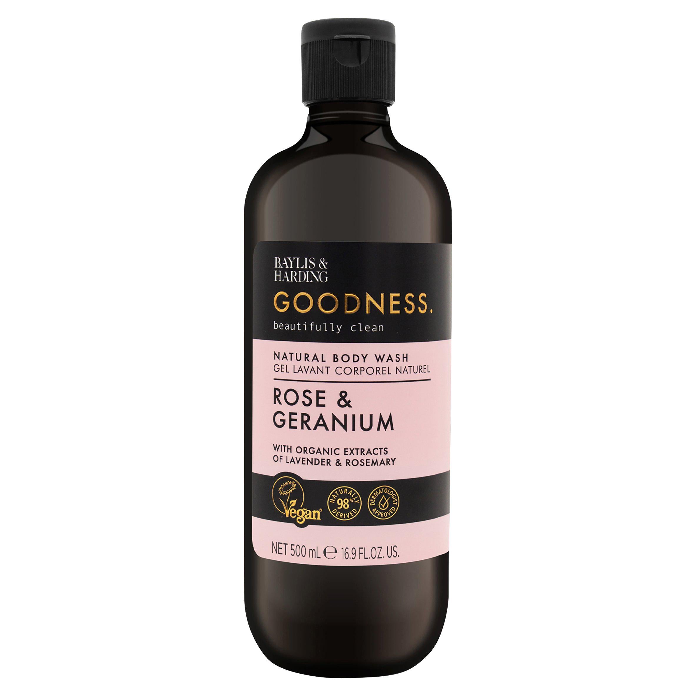 Baylis &amp; Harding-Goodness Rose &amp; Geranium ბუნებრივი შხაპის გელი (500 მლ)