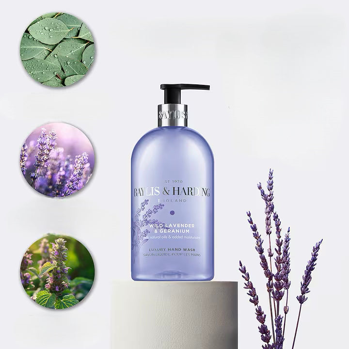 Baylis &amp; Harding Signature ხელის საპონი- ველური ლავანდა და გერანიუმი, 500 მლ.