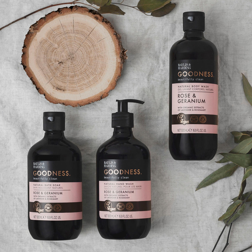 Baylis &amp; Harding-Goodness Rose &amp; Geranium ბუნებრივი შხაპის გელი (500 მლ)